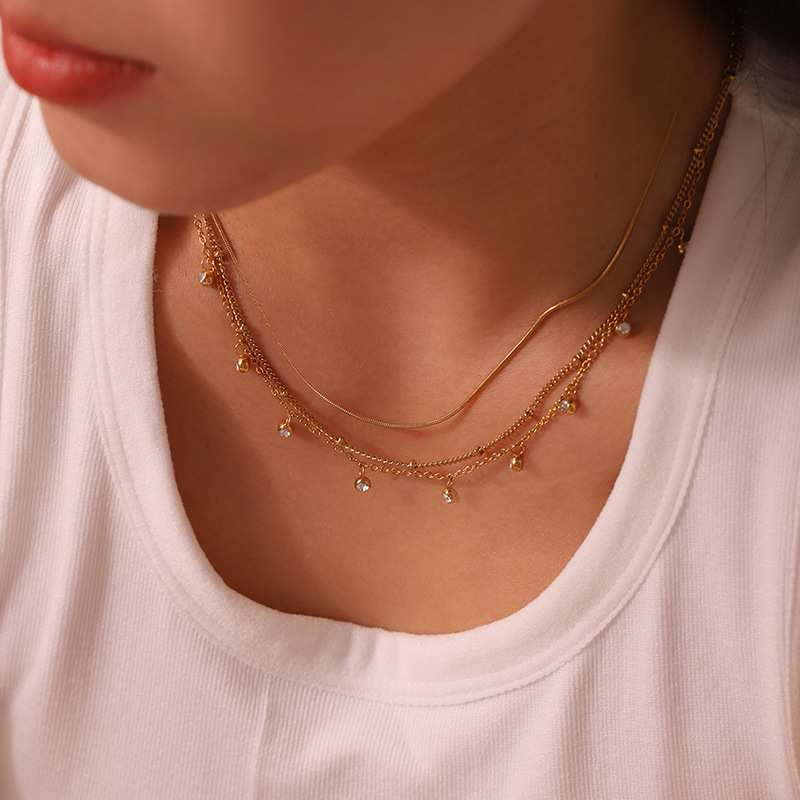 Europe and the United States INS style Joker 18K & 14K gold titanium steel diamond pendant necklace bead chain snake chain clavicle chain necklace women