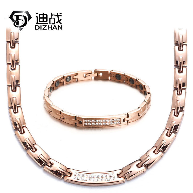 Foreign Trade Hot Sale Rose Gold Crystal Titanium Steel Set Magnetic Element Germanium Element Magnetic Energy Health Necklace Bracelet