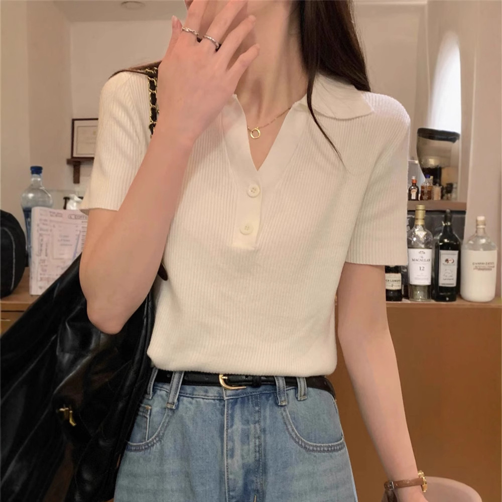 Korean Style New Elegant Buttoned Polo Collar Pure Color Andy Velvet Versatile Knitted Short-Sleeved Top for Women with Niche Design