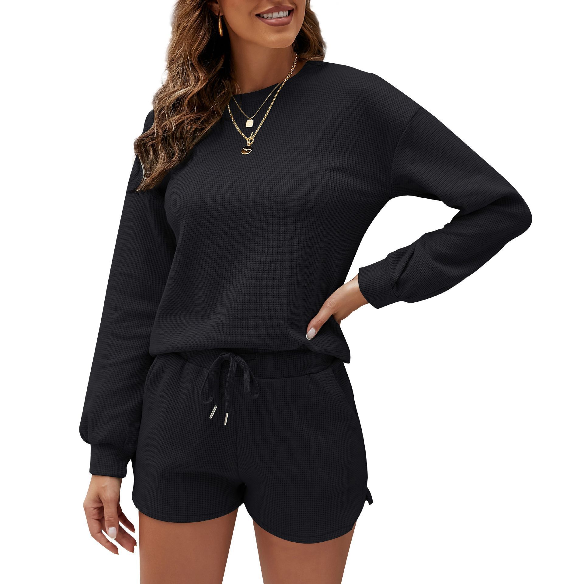 Picture of Cross-Border European and American Export Women's Clothing 2025 New Amazon Long-Sleeved Shorts Home Wear Waffle Two-Piece Suit