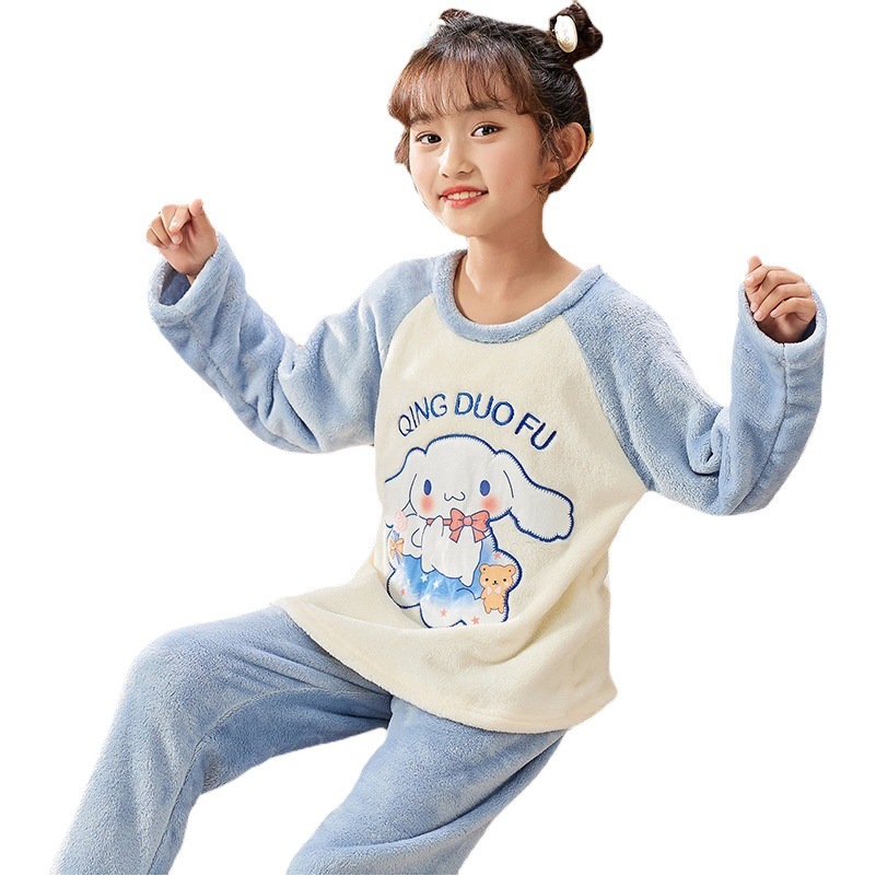 Flannel Children's Pajamas Girls Autumn and Winter Cute Cartoon Long Sleeve Coral Fleece Small and Medium Children's Home Suit