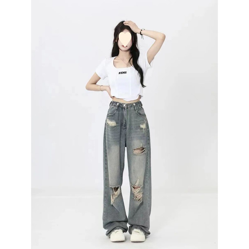 American Style Retro Ripped Jeans Women's High Waist Straight Loose Slimming Design Sense High Street Wide Leg Trailing Pants with Ripped Holes