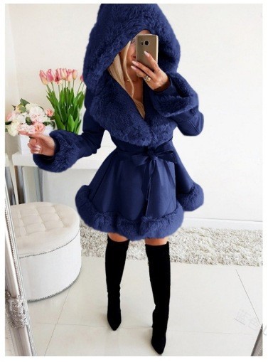 Picture of Popular winter coat small fragrant style short rough edge hooded fur stitching A- type coat winter fashion