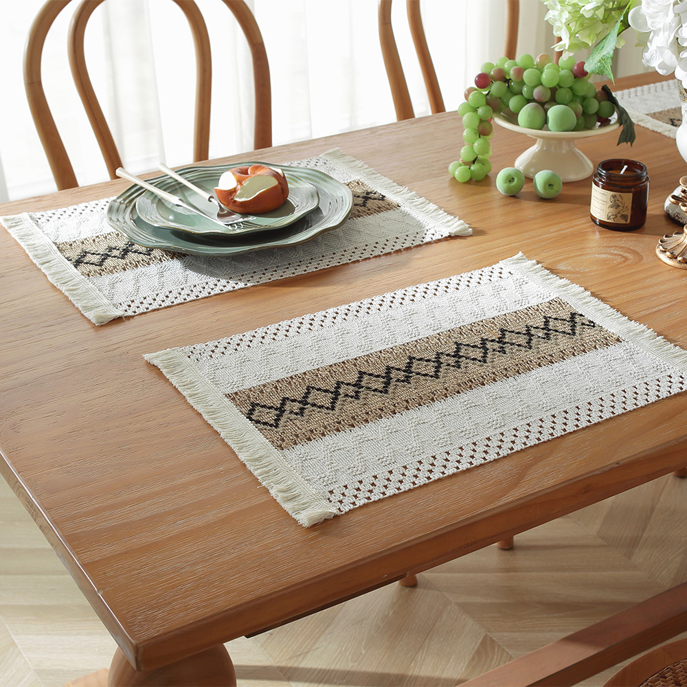 Picture of Amazon new cotton and hemp rope placemat holiday placemat woven color matching striped tassel bowl mat spot wholesale