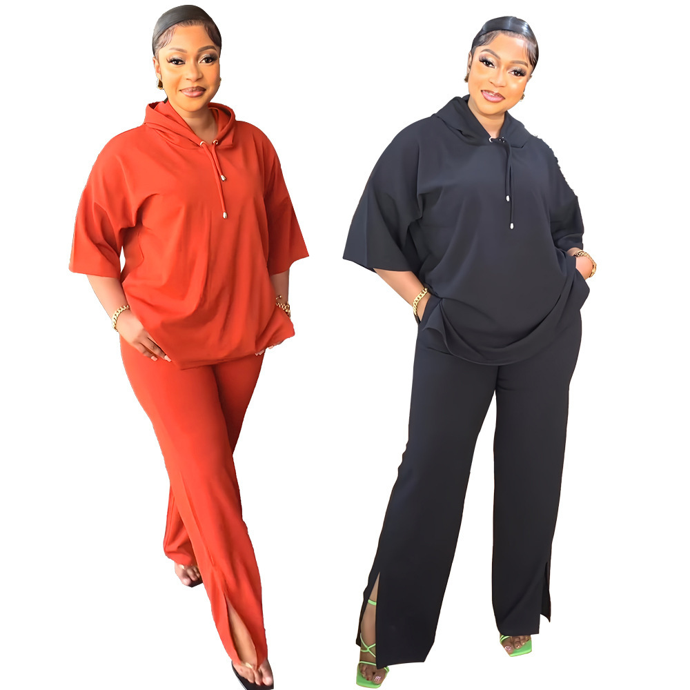 9987 Cross-border Europe and America Amazon Short-sleeved Hooded Top Casual Split Straight Pants Commuter Women's Two-piece Set