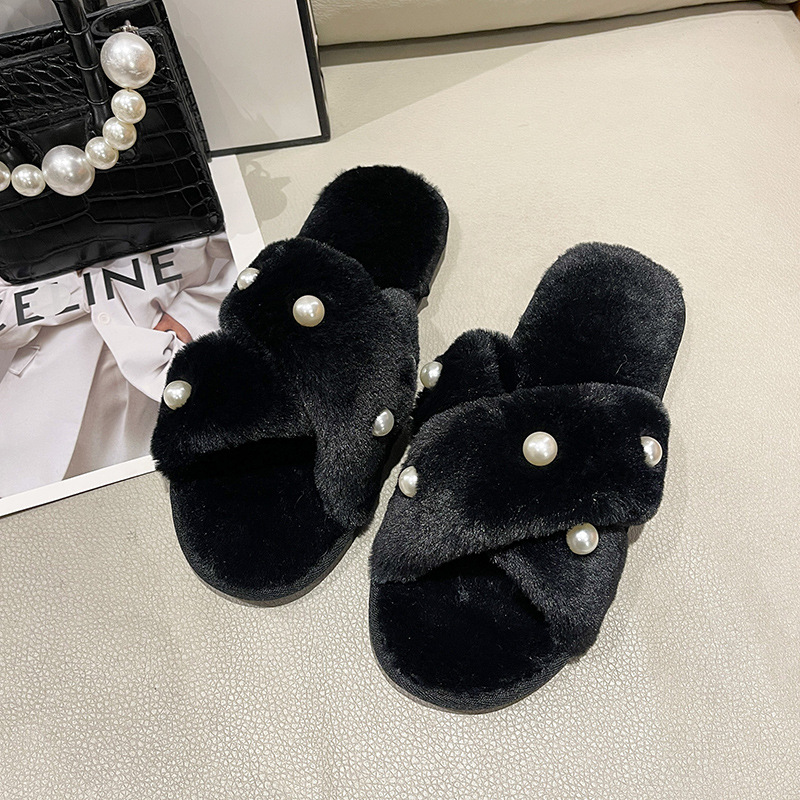 Picture of Foreign Trade New Fashion Pearl Home Home Maomao Slippers Women's Warm Flat Heel Cross Slippers Autumn and Winter Cross-Border