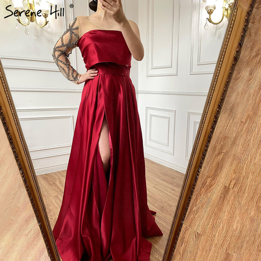 Picture of Wine red satin one-shoulder simple Slimming elegant socialite temperament toast wedding evening dress long dress LA70755