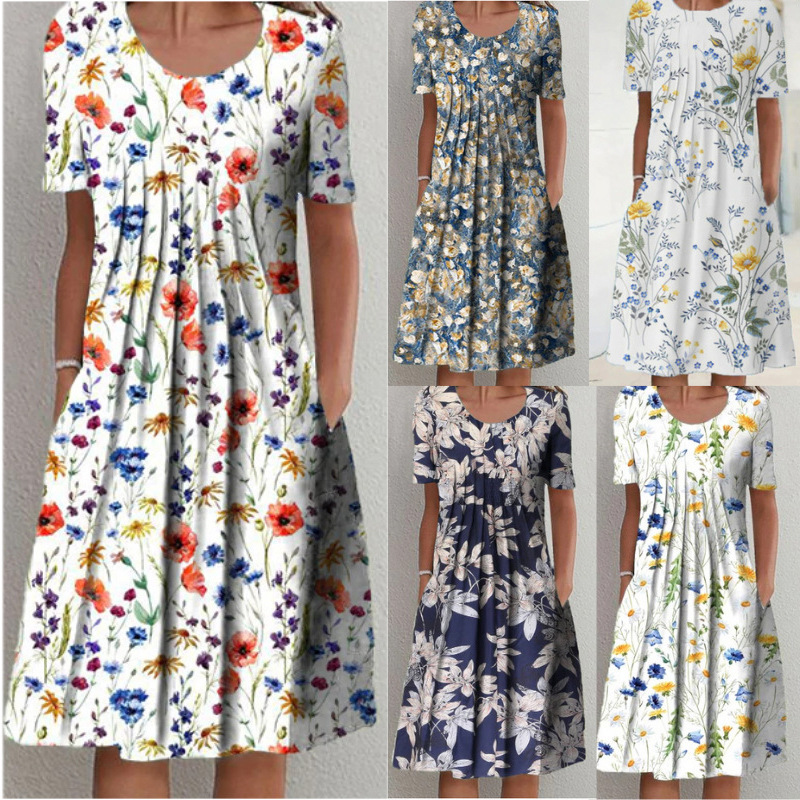 Thickened 2024TEMU European and American plus size Women's Elegant Large Swing Dress for Spring and Summer Round Neck Printed Short-Sleeved dress