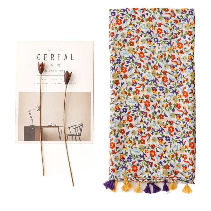 Creative Fresh Japanese and Korean Style Sweet Socialite Style Scarf Women's Bali Yarn Cotton Linen Tassel Small Broken Flower Scarf