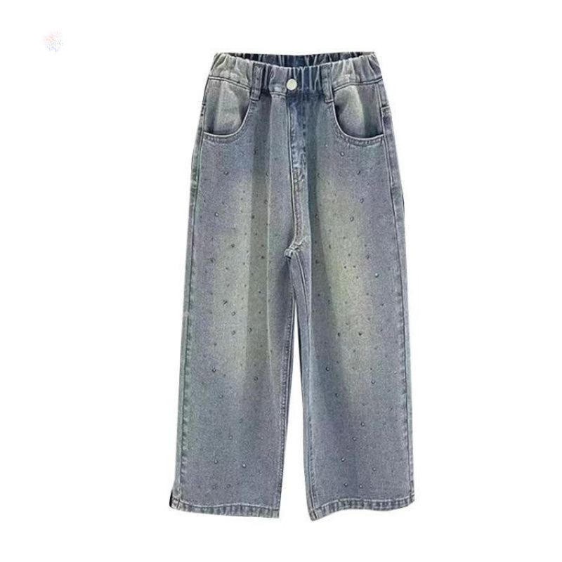 Picture of Girls' Rhinestone Jeans Spring and Autumn Style, Big Children's Spring Straight Narrow Pants, Girls' Spring Wide-Leg Loose Pants