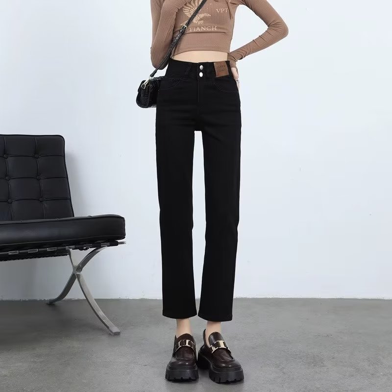 Picture of Black Straight-Leg Jeans Women's Autumn and Winter Slimming High Waist Dummy Cropped Pants American Vintage Smoke Tube Pants