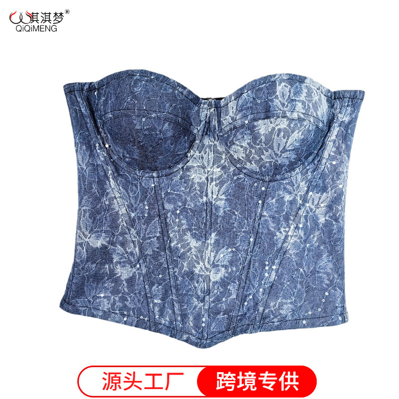 French Style Pure Style Sexy Lace Contrast Snowflake Denim Strapless Front Long Rear Short Court Curved Fishbone Top for Women