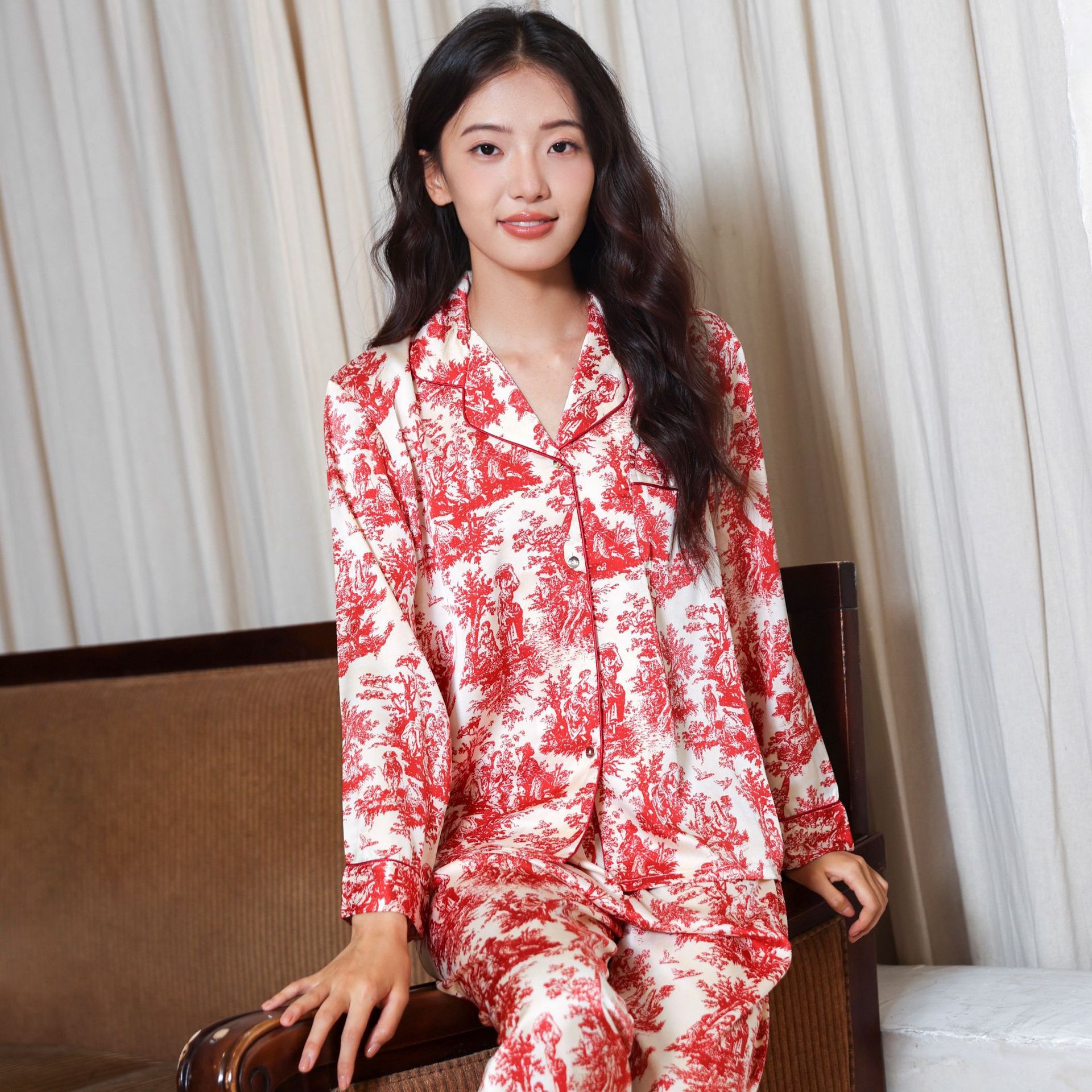 South Korea Ice Silk Women's Pajamas Long-sleeved Summer and Autumn Cardigan Fashionable Outwear High-end Sense Home Clothes suit Ins Style