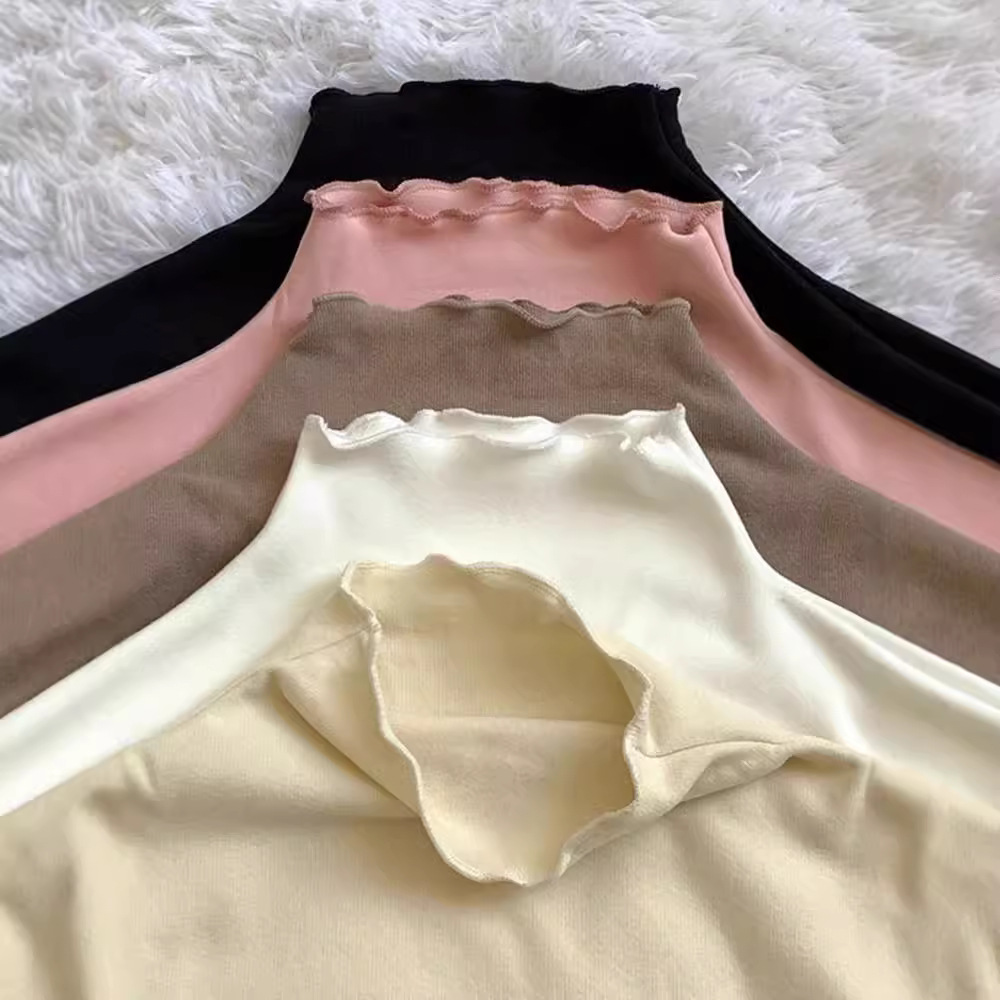 Thickened Double-Sided Fleece Half-High Collar Solid Color Base Shirt Women's Inner Long Sleeve Shirt for Autumn and Winter Black Top