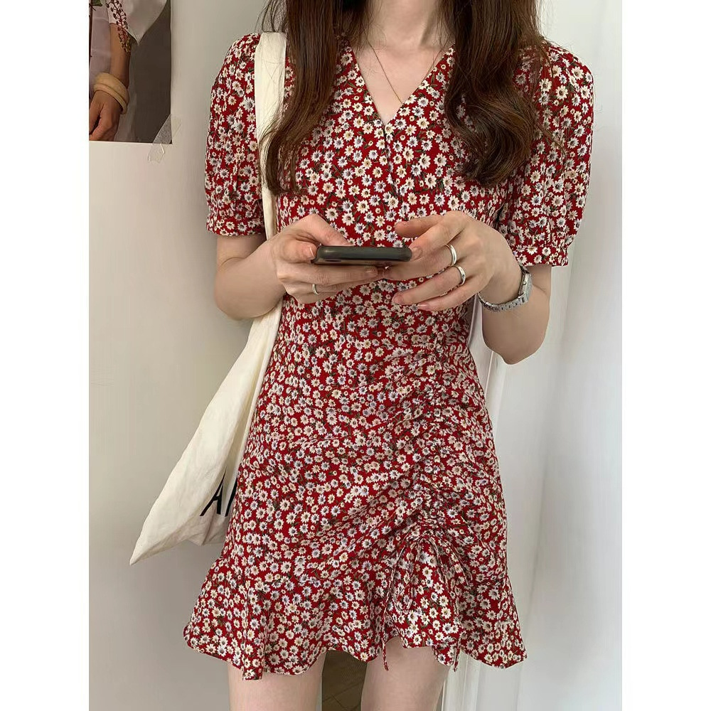 2024 Summer New Arrival Floral Dress Women's French Style Puff Sleeve Tight Waist Drawstring Little Daisy Fishtail Short Dress
