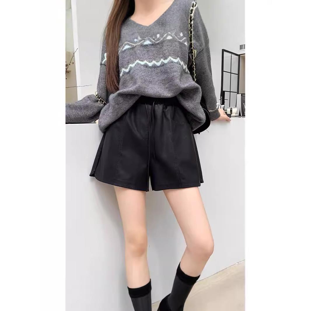 Drawstring All-match 2024 Lad New Casual Pants Puleather Autumn Wide-leg Wearing Shorts Women's High Waist Slimming Beauty