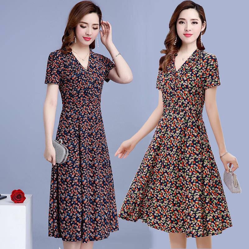 dress Summer Women's Middle-aged Women's Floral Mid-length Mother 2021 New Slim-fit Slimming Trendy plus size
