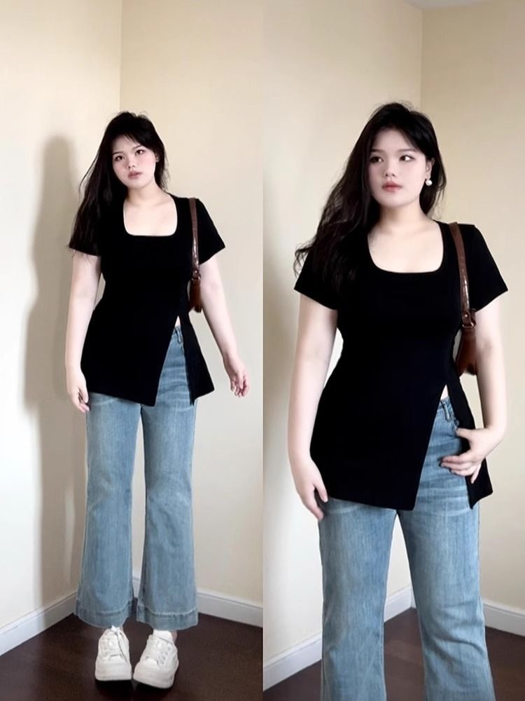 Spot Large Size Black U-Neck Right Shoulder Short-Sleeved T-Shirt for Women Summer 2025 Design Niche Chic Slit Top