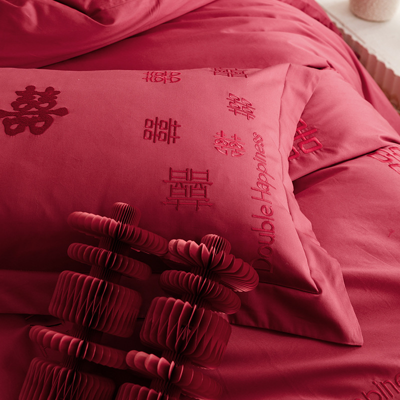 Picture of Baixi new Chinese wedding long-staple cotton satin wedding four-piece cotton cotton embroidered red bedding