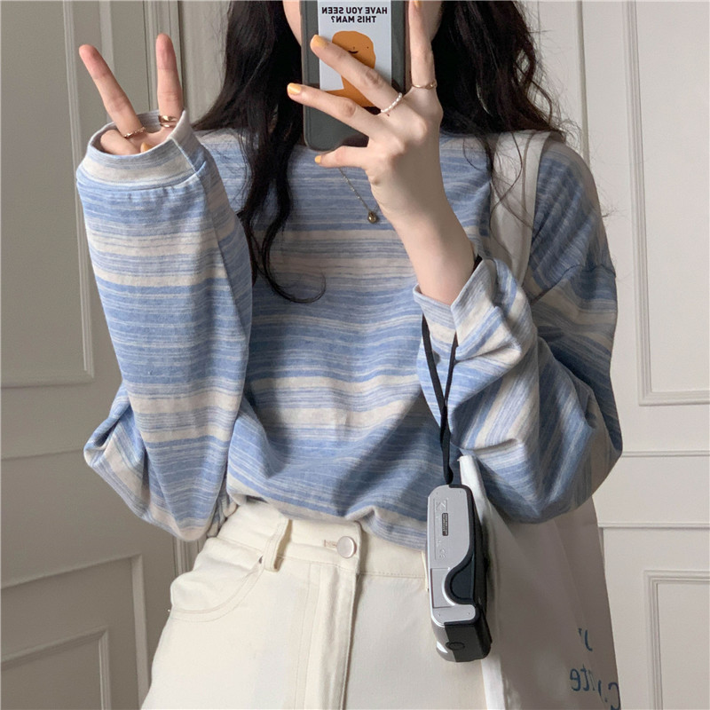 Striped Crewneck Long-sleeved T-shirt Women's Autumn 2024 New Design Sense Loose Student Clothes Women's Instagram Fashion