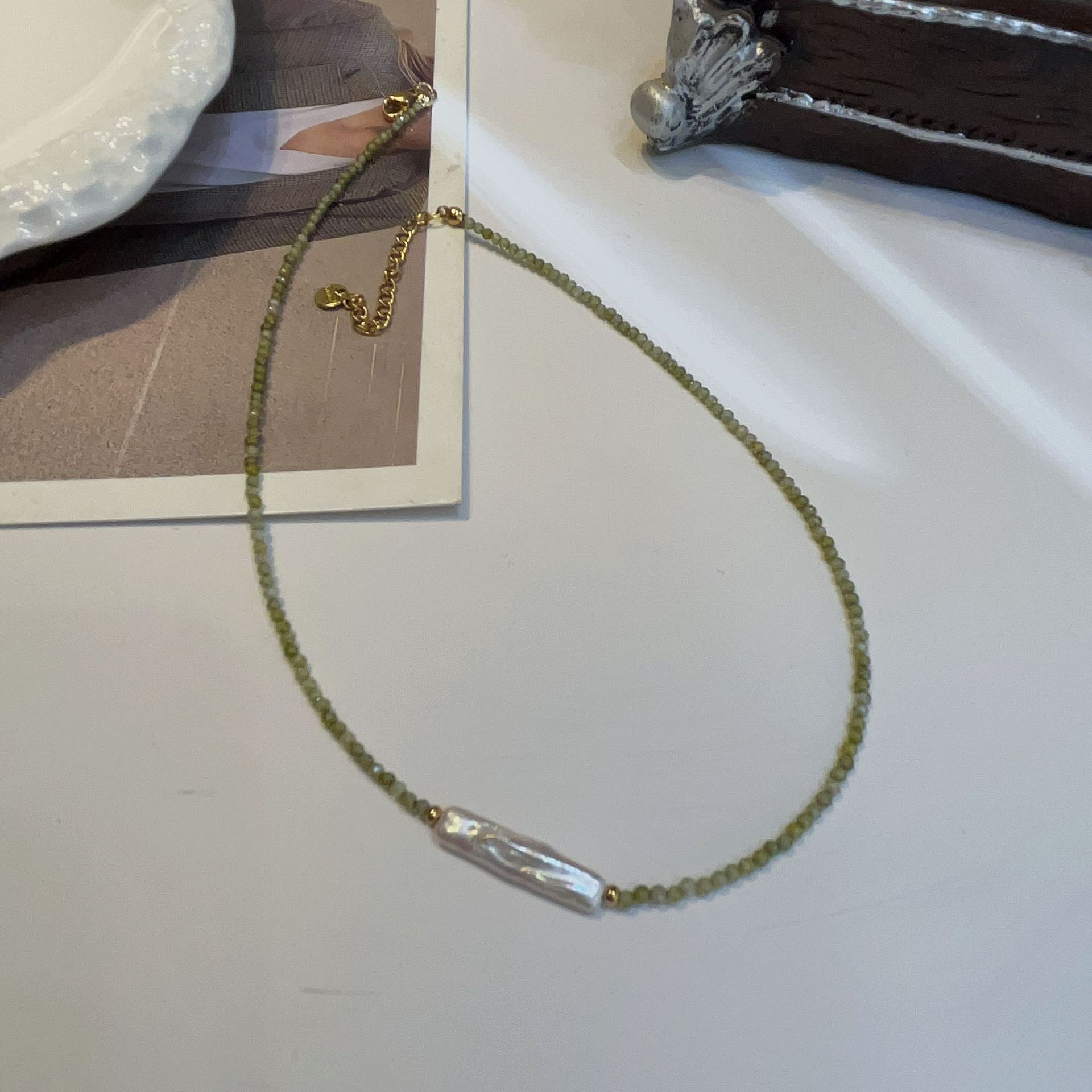 Picture of Baroque Long Strip Natural Freshwater Pearl Olive Green Facet Natural Zircon Women's Summer Fresh Beaded Necklace