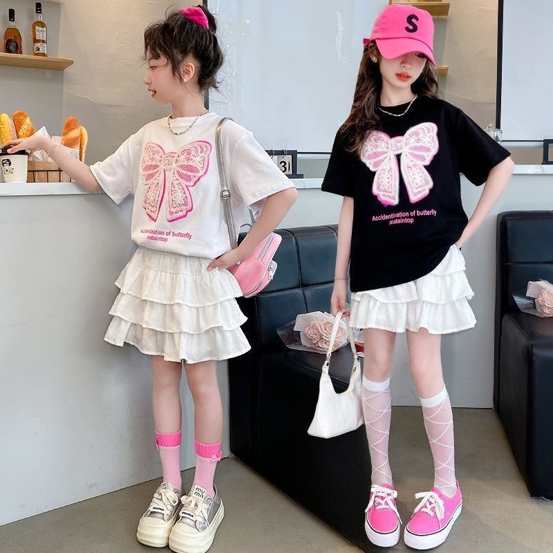 Girls' Short-sleeved Short Skirt suit 2025 New Style Korean Style Bow Short-sleeved Cake Skirt Summer Wear Sweet Children's Wear