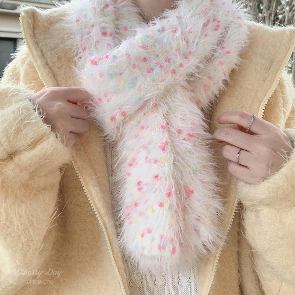 Imitation mink velvet sugar bean color wave dots warm autumn and winter light fluffy wool knitted white small scarf K