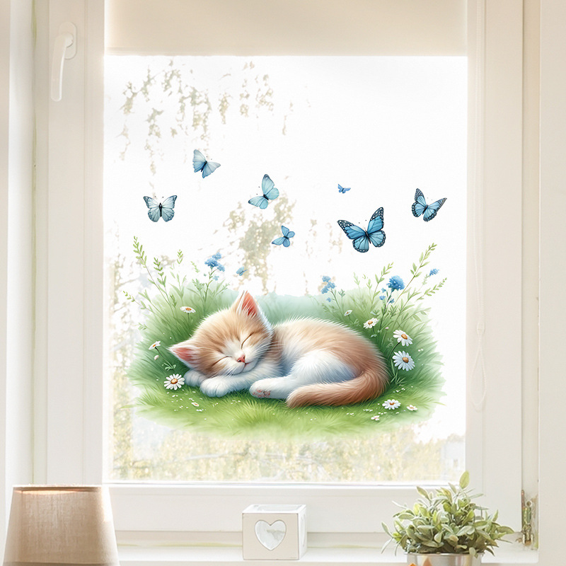 Lawn Cat Glass Decorative Sticker Children's Room Cute Animal Background Wall Removable Cross-border Wall Sticker