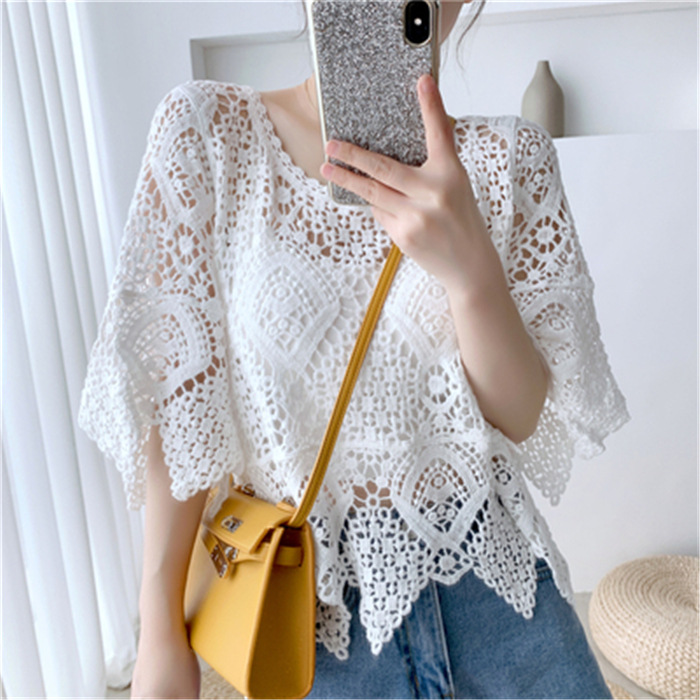 Simple shawl hollow sweater spring and summer thin artistic Korean style pullover blouse women's air conditioning shirt top