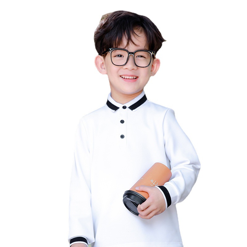 Picture of Boys' Long-sleeved T-shirt Fleece-lined Polo Shirt White Base Shirt for Middle and Big Children