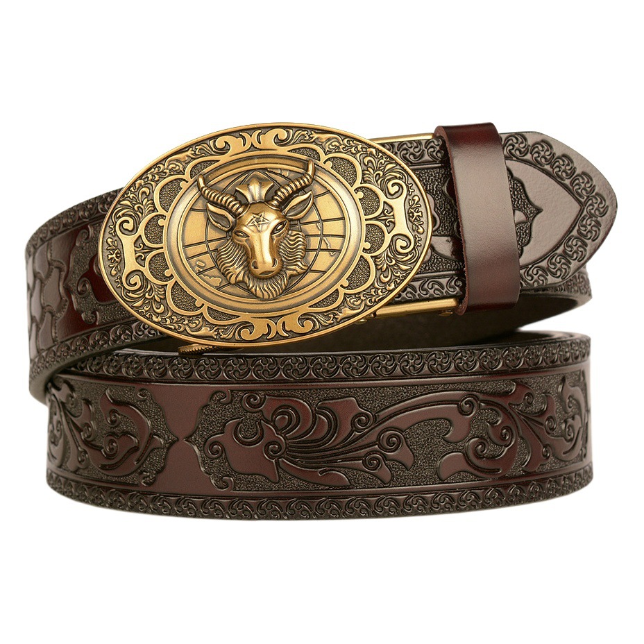 Personalized Tang grass pattern cowhide fashion jeans with men's casual belt sheep zodiac automatic buckle men's belt