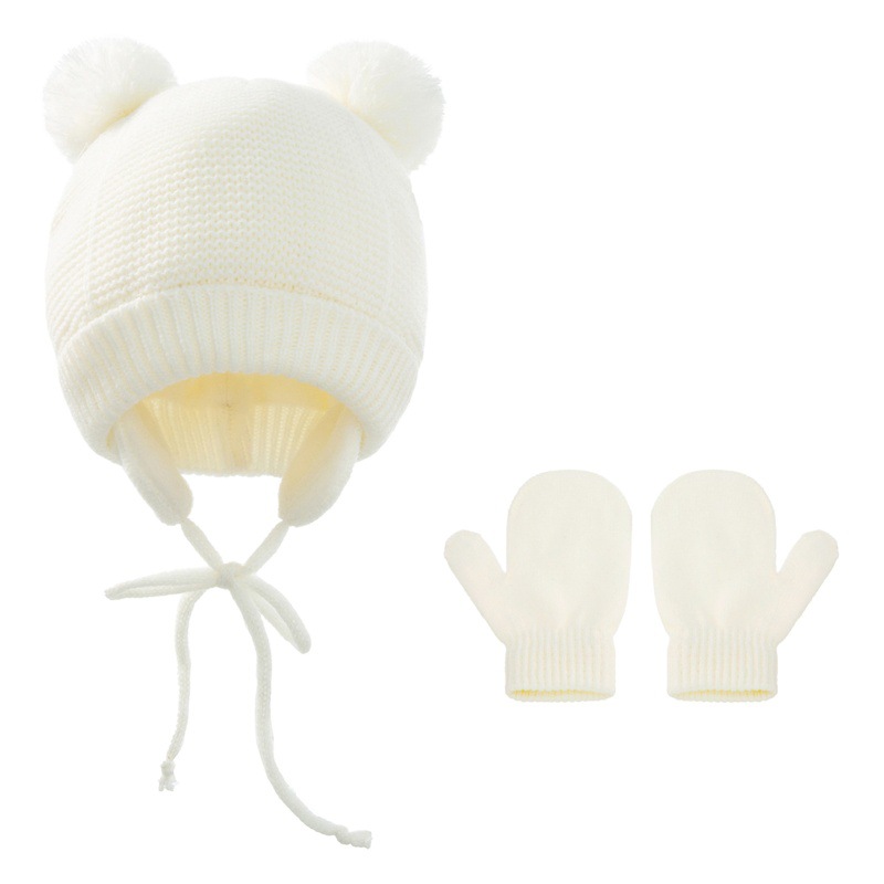 European and American winter New Baby wool cap solid color baby warm knitted hat gloves two-piece set