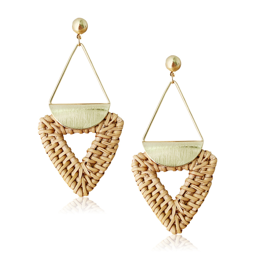 European and American Amazon Wish Hot Selling Metal Triangle Round Rattan Pendant Earrings Handmade Rattan Braided Earrings for Women
