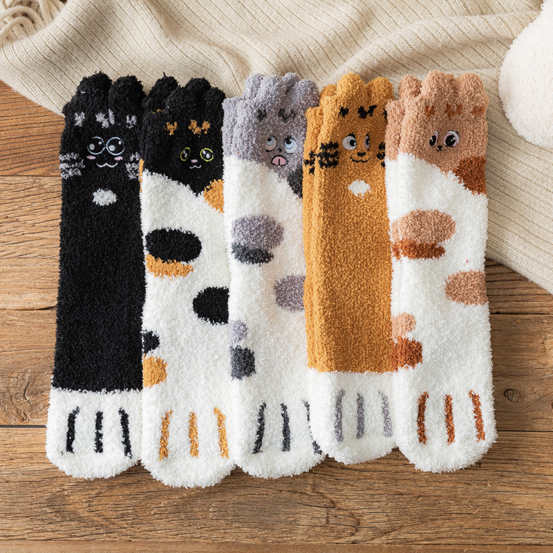 Plush socks children autumn and winter coral fleece plus velvet padded pregnant women's confinement home sleep socks tube three-dimensional cat claw socks