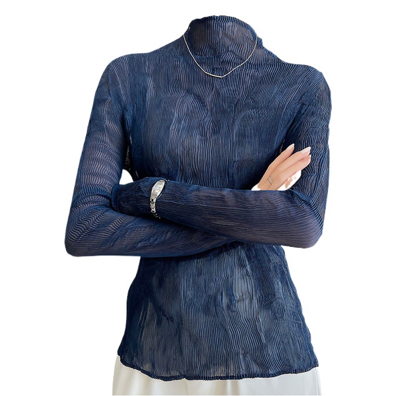 Miyake Ultra-thin Perspective Top Base Shirt Women's Spring and Summer Long-sleeved Sunscreen Western Style All-match Pleated Top Inner Shirt