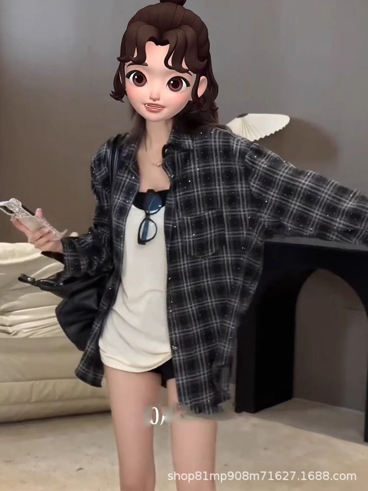 Design Sense Diamond Plaid Shirt Jacket Women's Spring and Summer New Stylish Fashion High-end Unique Chic Loose Top
