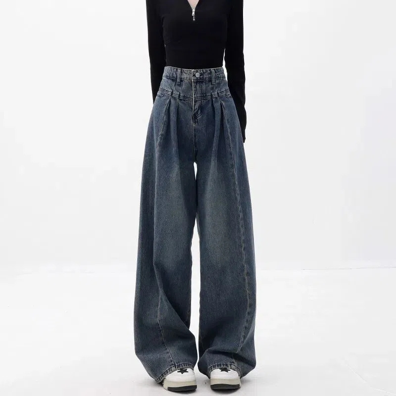 Large Size Vintage Washed High Waist Loose Wide Leg Jeans Women's Autumn and Winter 2023 New Pleated Slim-fit Floor-mopping Pants