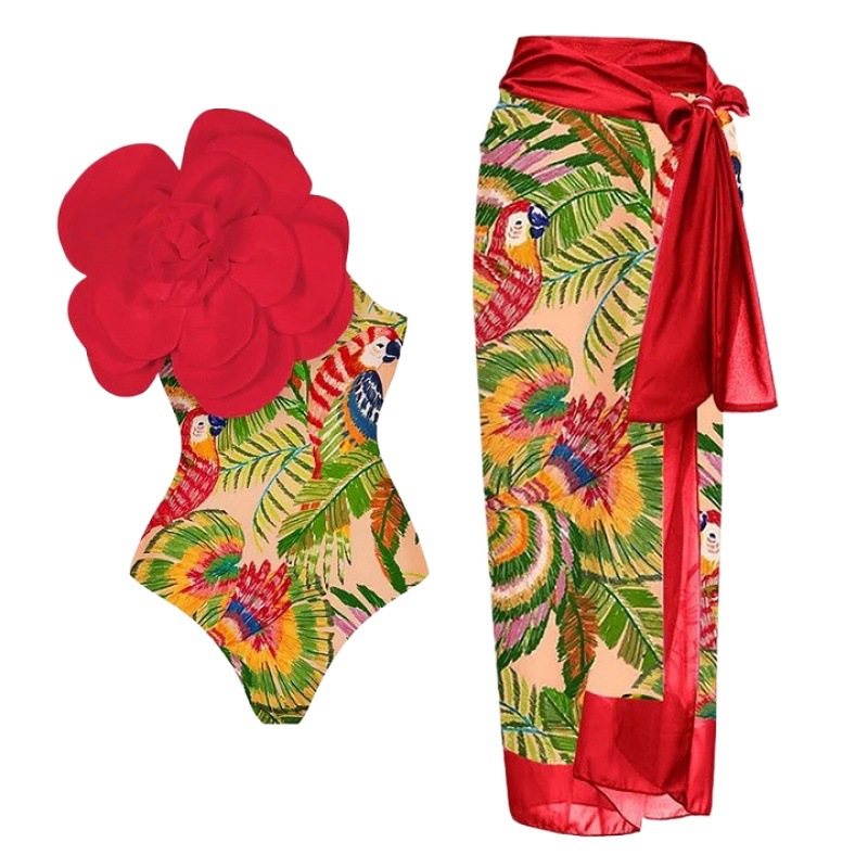 Picture of 2024 Amazon AliExpress one-piece swimsuit 3D big flower decoration sexy Peco Peco print swimsuit suit women
