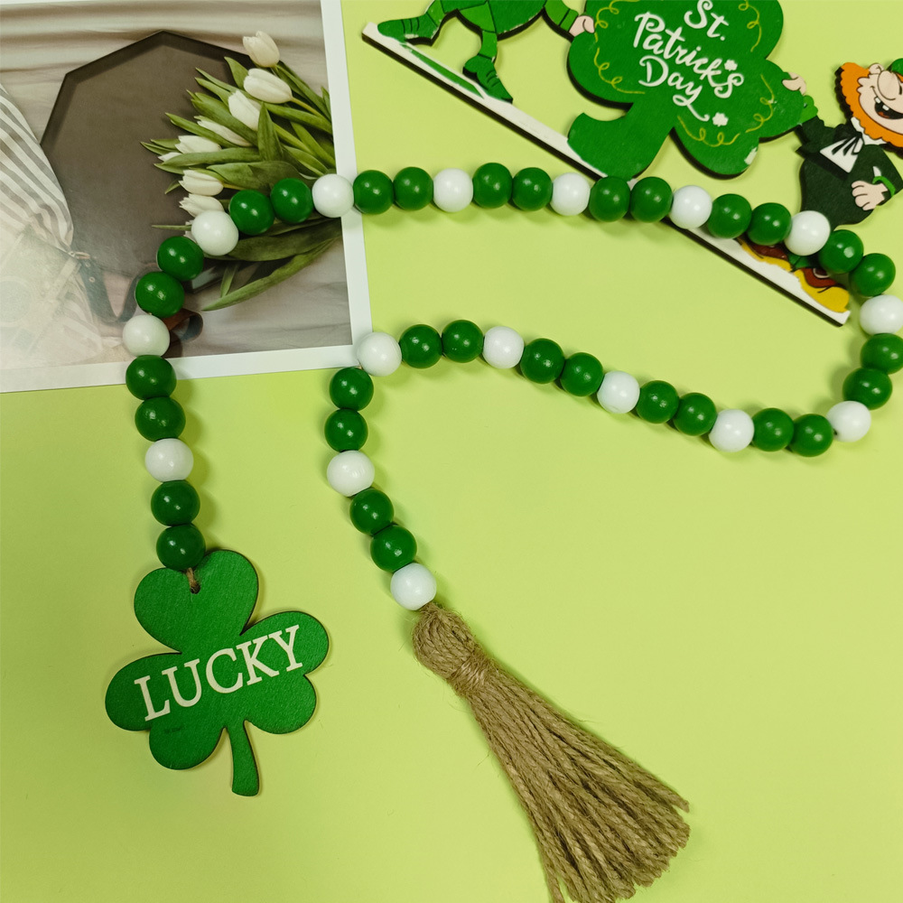Picture of St Patrick's Day clover wooden beads tassel beads Irish Festival wooden beads pendant wooden tray ornaments
