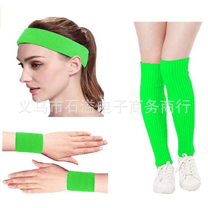 Halloween 80s dance party head wear wristband knitted leg sleeve suit yoga sports sweat-absorbent hair band suit