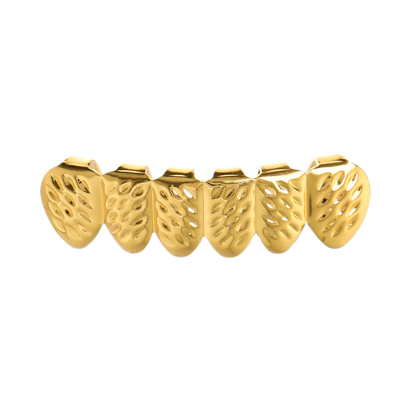 Picture of European and American hip-hop braces hiphop bright face single cross hollow suit wheat ear gold braces party decorative teeth