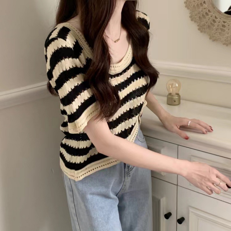 Picture of Plus size women's clothing summer Korean retro loose hollow design striped knitted short sleeve women's chubby girl slimming