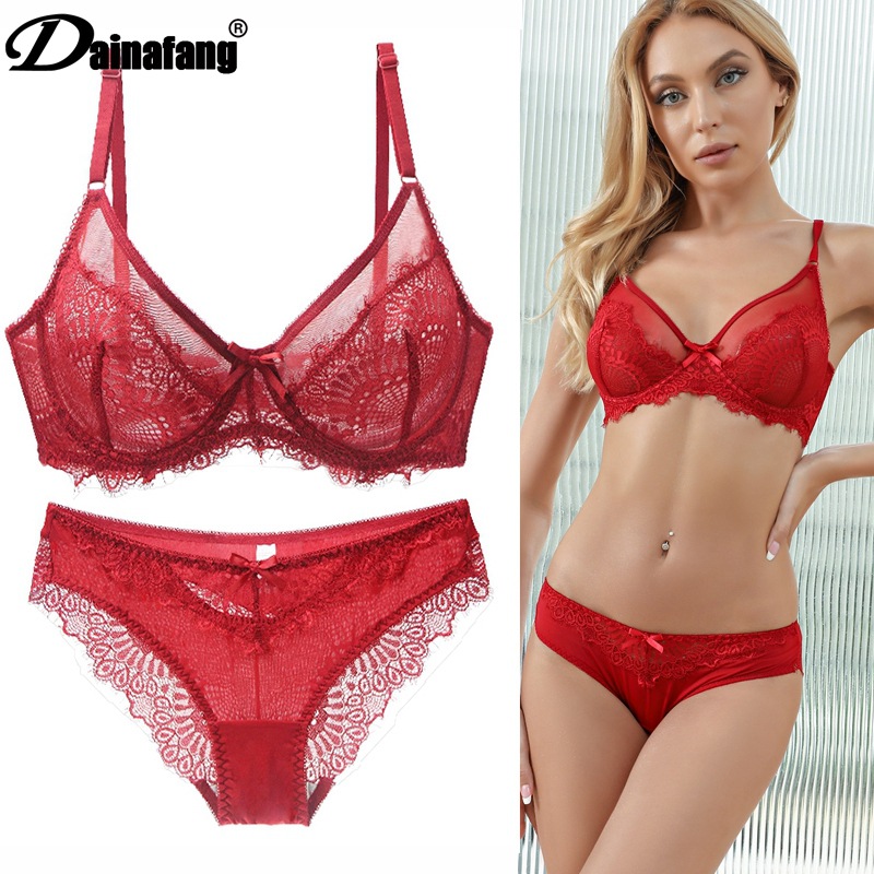 2023 European and American Original Single Big Chest Small Underwear Women's Sexy Eyelash Lace Sexy Transparent Ultra-thin Bra Set