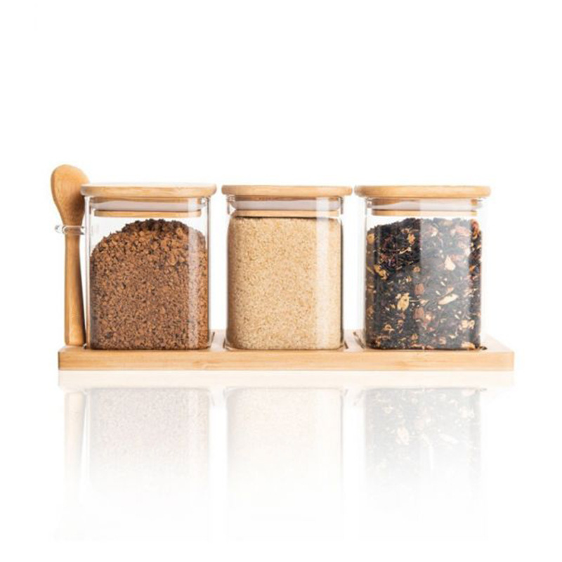 Picture of Light Luxury Kitchen Supplies Seasoning Jar Full Set Household Glass Jar Wooden Spoon Sealed Jar Combination Three-piece Seasoning Bottle
