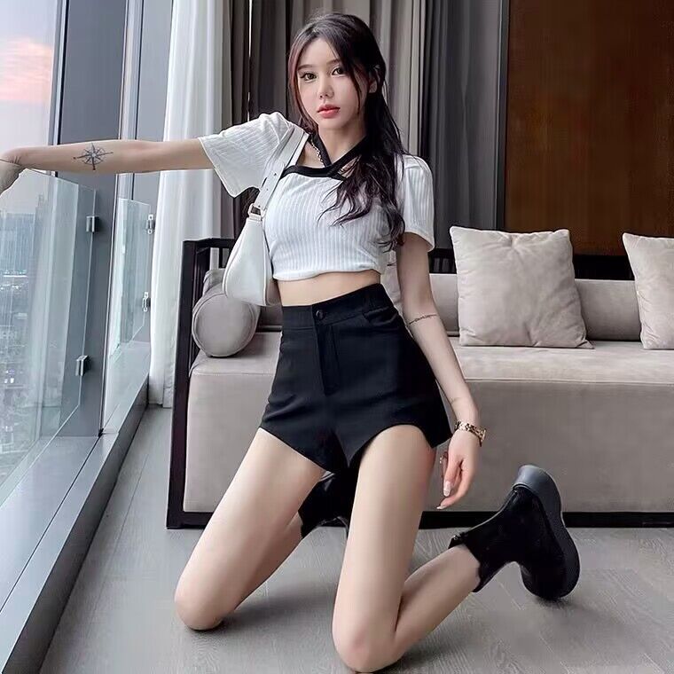A- line wide-leg black pure hot pants new suit shorts women's high waist spicy m slimming Street shooting motorcycle hipster boot pants