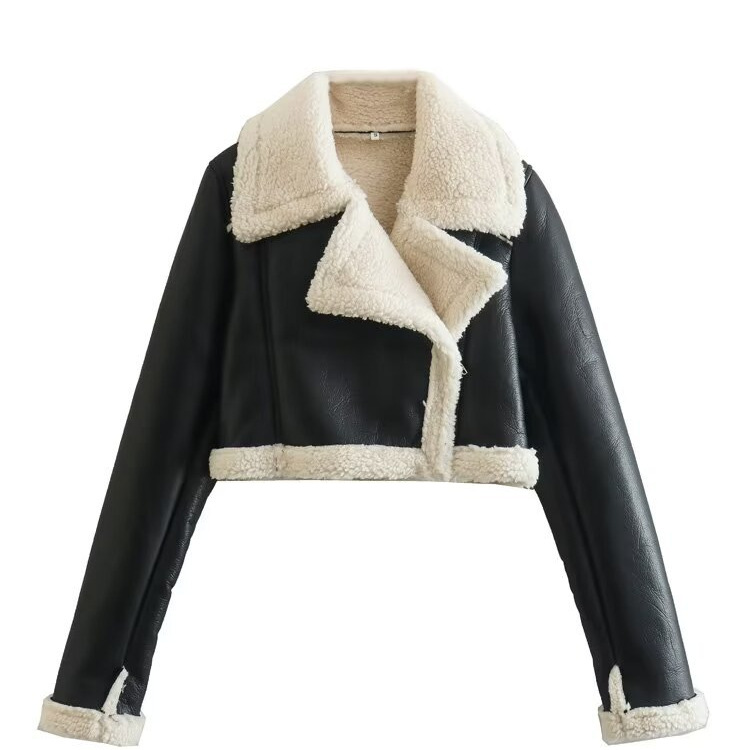Picture of 2024 autumn and winter new European and American style double-sided loose short PU leather jacket zipper decoration fur one-piece leather jacket