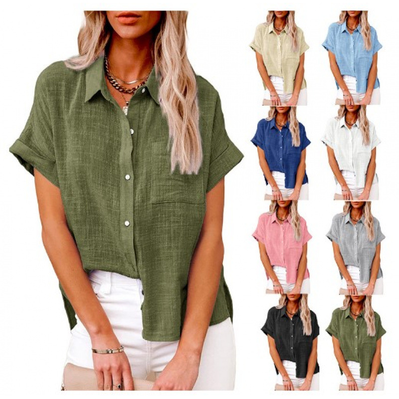 Amazon wish new European and American cross-border women's solid color linen shirt short sleeve casual loose shirt