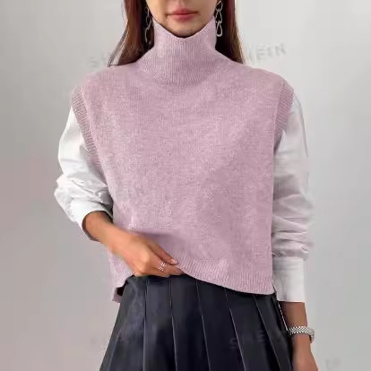 Picture of High-Neck Knitted Vest for Women, Korean Style, Loose Casual Sleeveless Sweater, Outerwear Layering Vest, Wool Blend