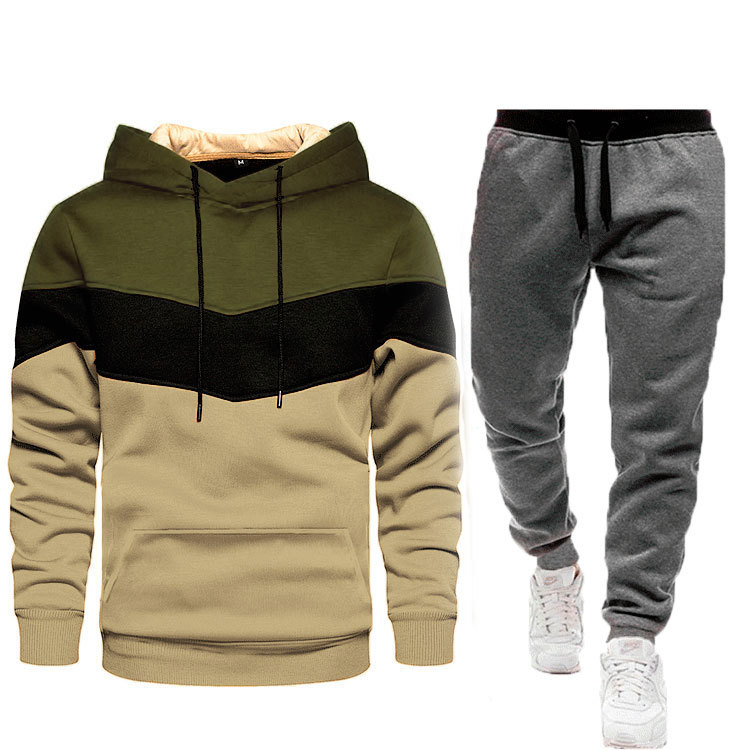 Autumn and Winter Blue Street Casual Sports Sweater Loose Side Slit Pocket Colorblock Youth Hooded Sweater Set