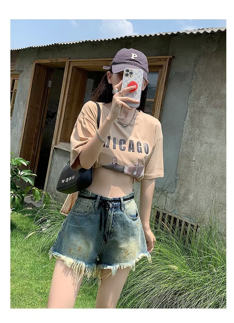 Picture of Rapped Denim Shorts Women's Summer New Spice Girls High Waist Slimming American Style Retro Washed Old a-Shaped Wide-Leg Hot Pants